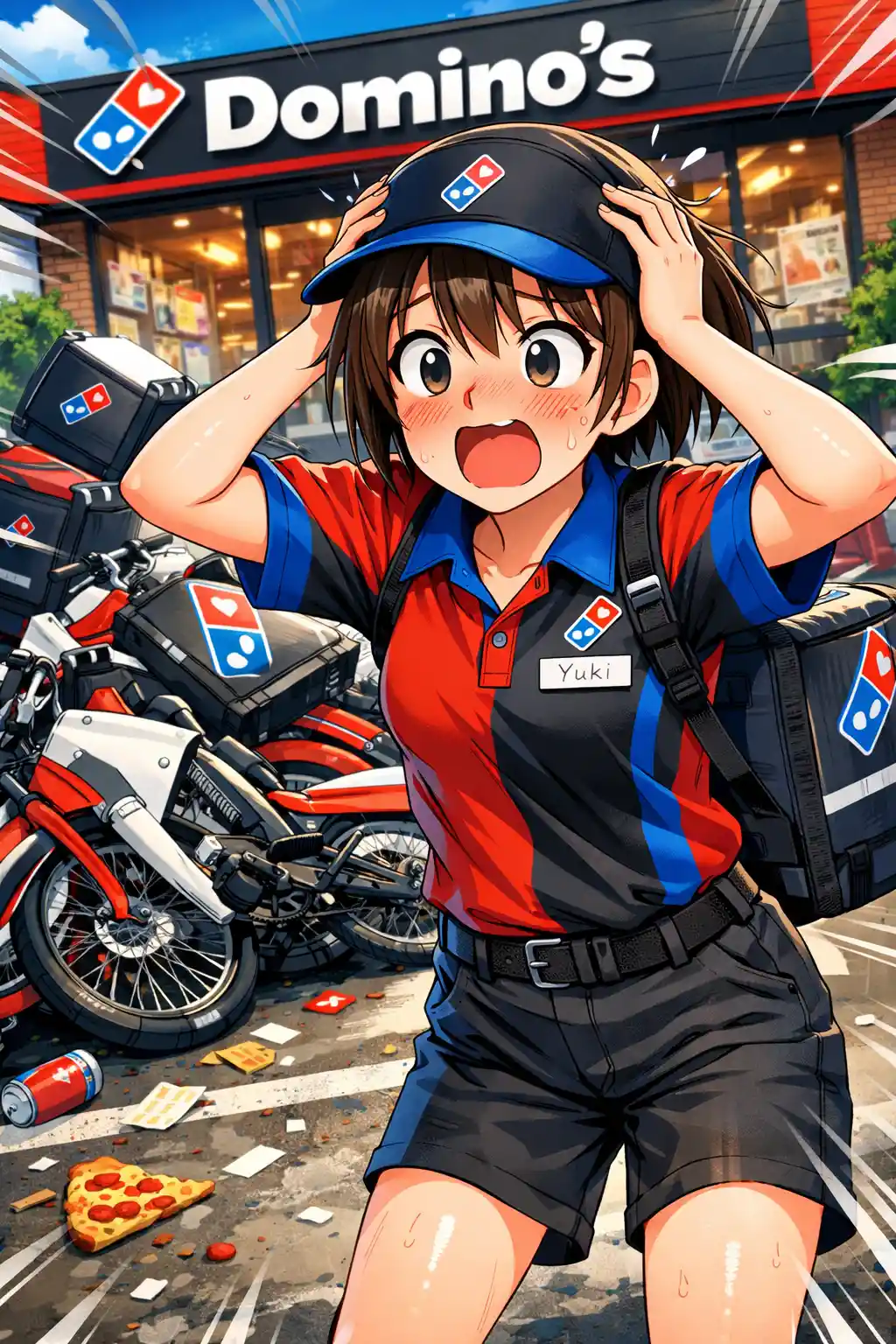 Shocked anime pizza girl at bike parking lot chaos