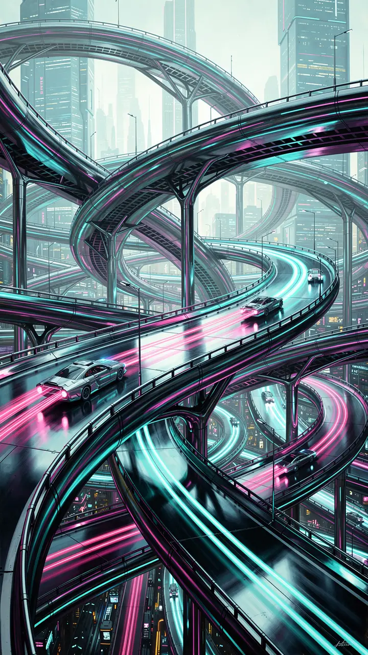 Surreal futurist highways twisting through a reflective cityscape