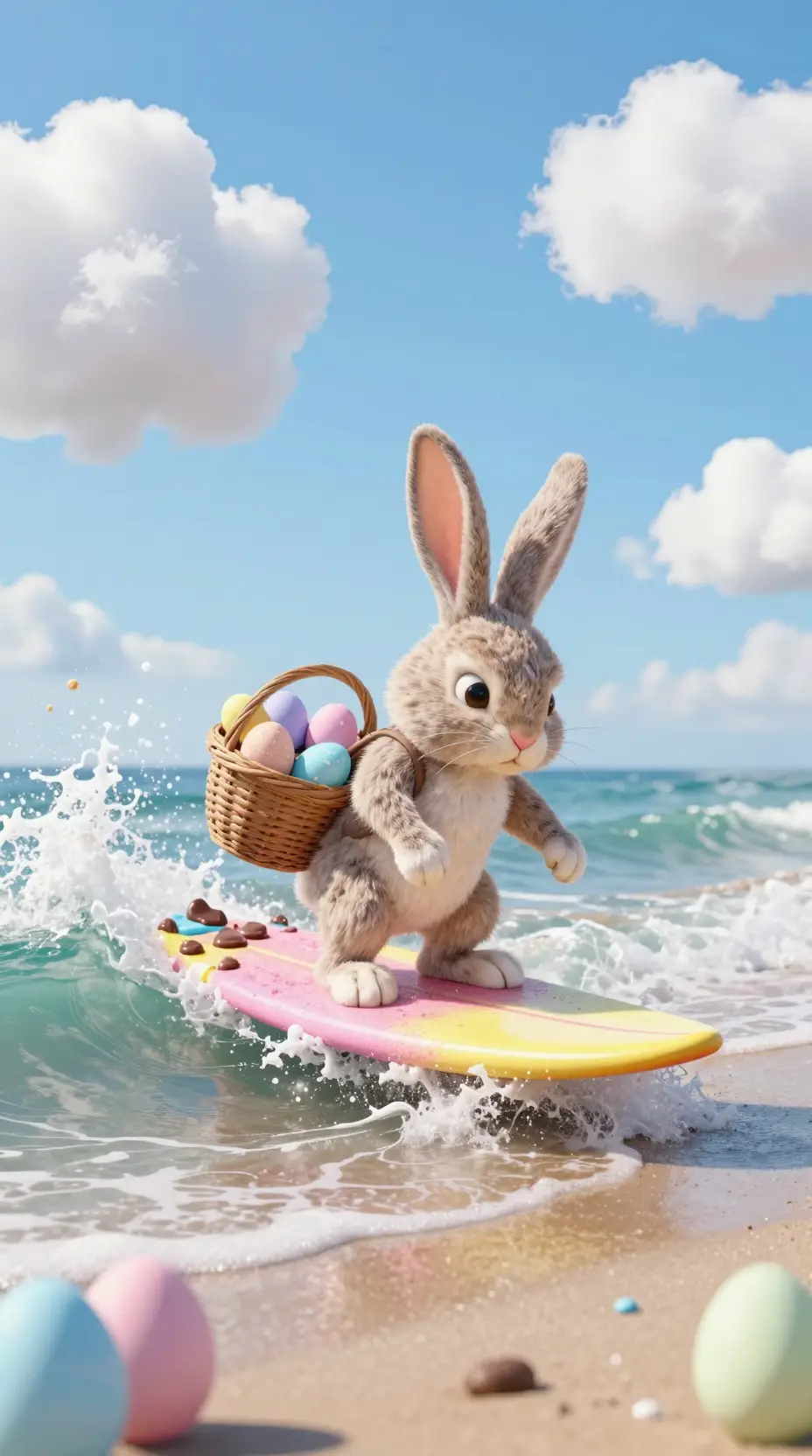 Coniglio di Pasqua che fa surf su un’onda di cioccolato pastello in spiaggia