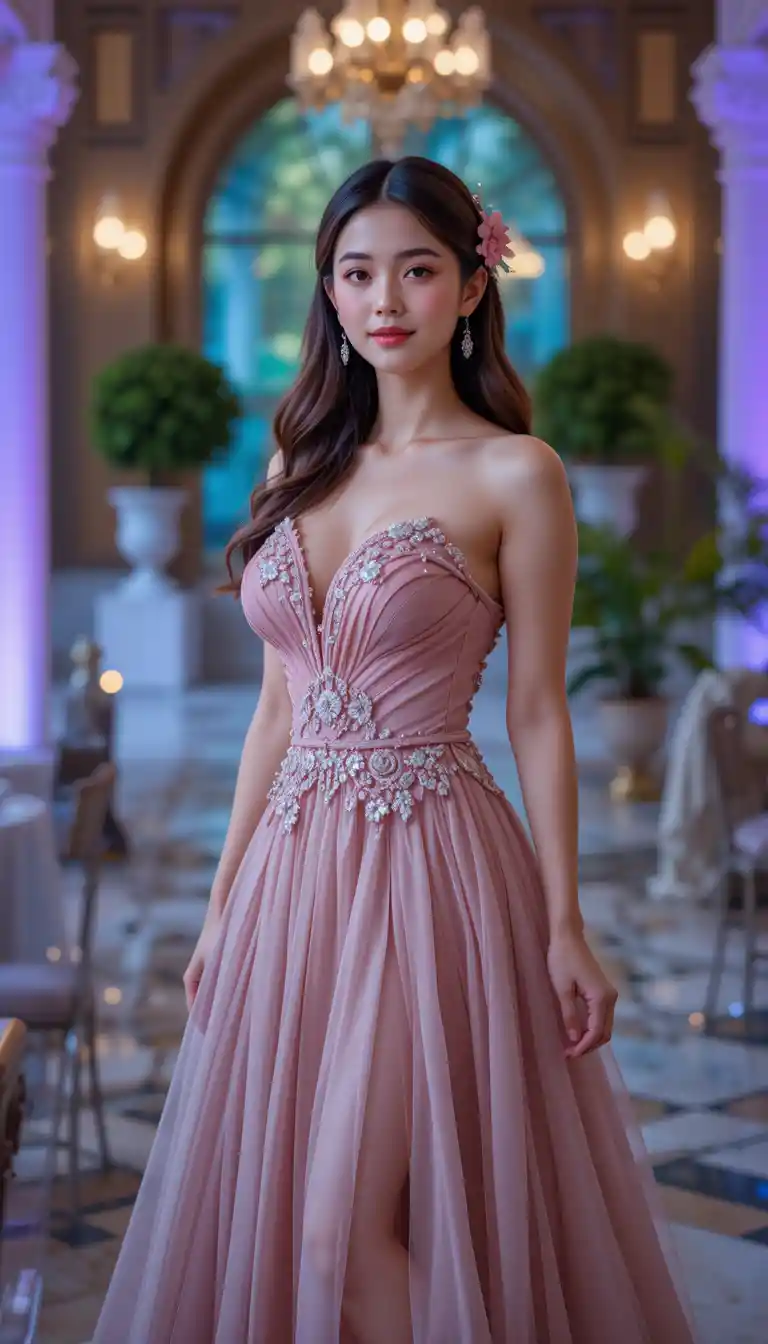 Young woman in formal gown facing the camera indoors