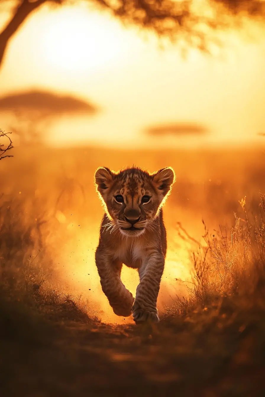 Young lion walking across golden savanna at sunrise