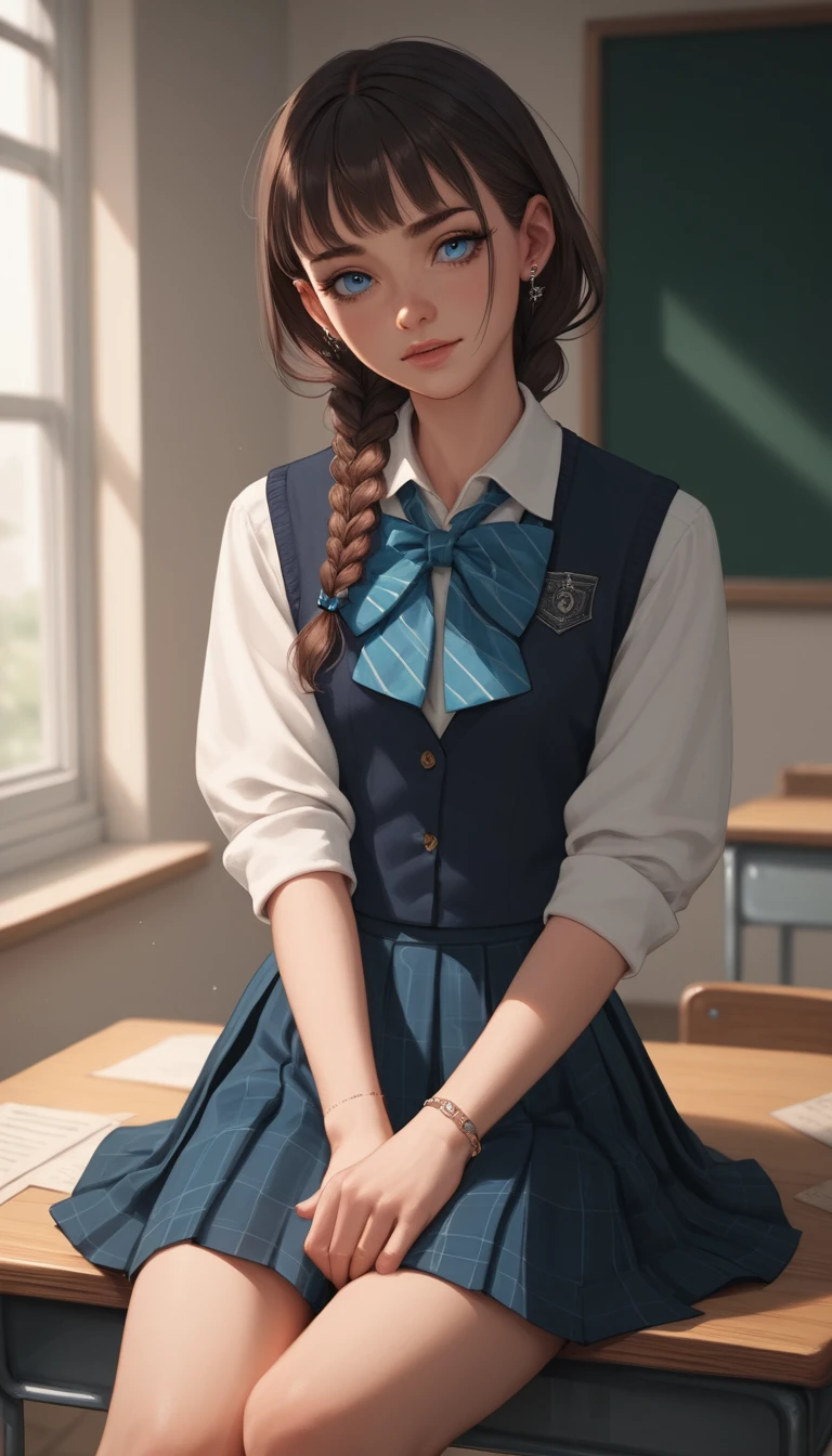Petite schoolgirl sitting confidently on a wooden desk