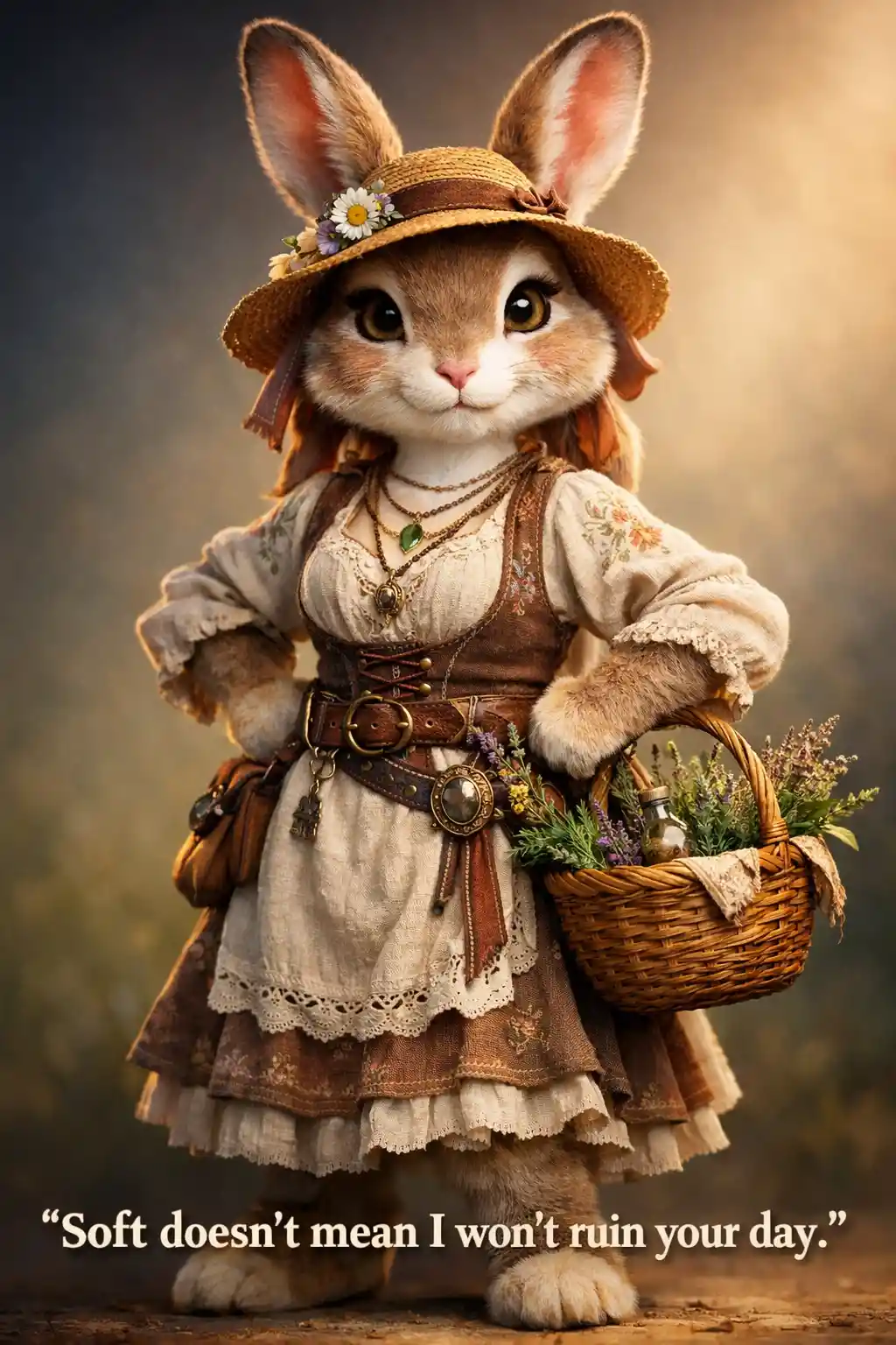 Anthropomorphic rabbit in cottagecore dress with herb basket