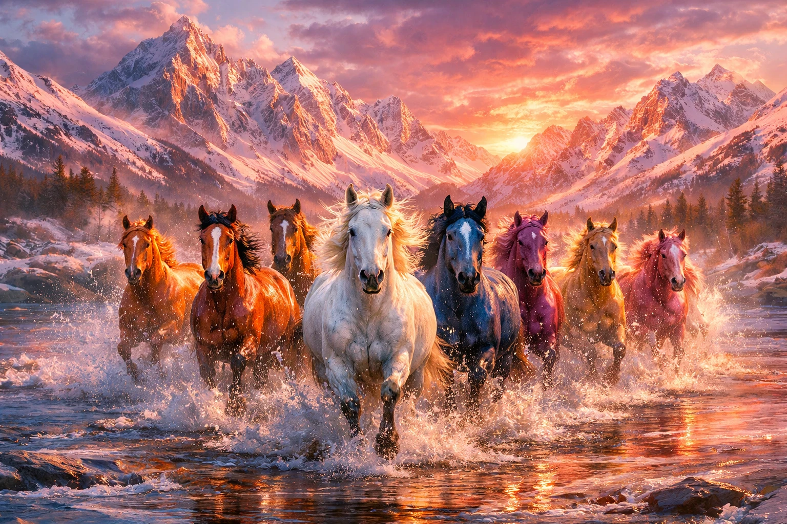 Cavalli selvaggi che galoppano in un fiume al tramonto tra le montagne
