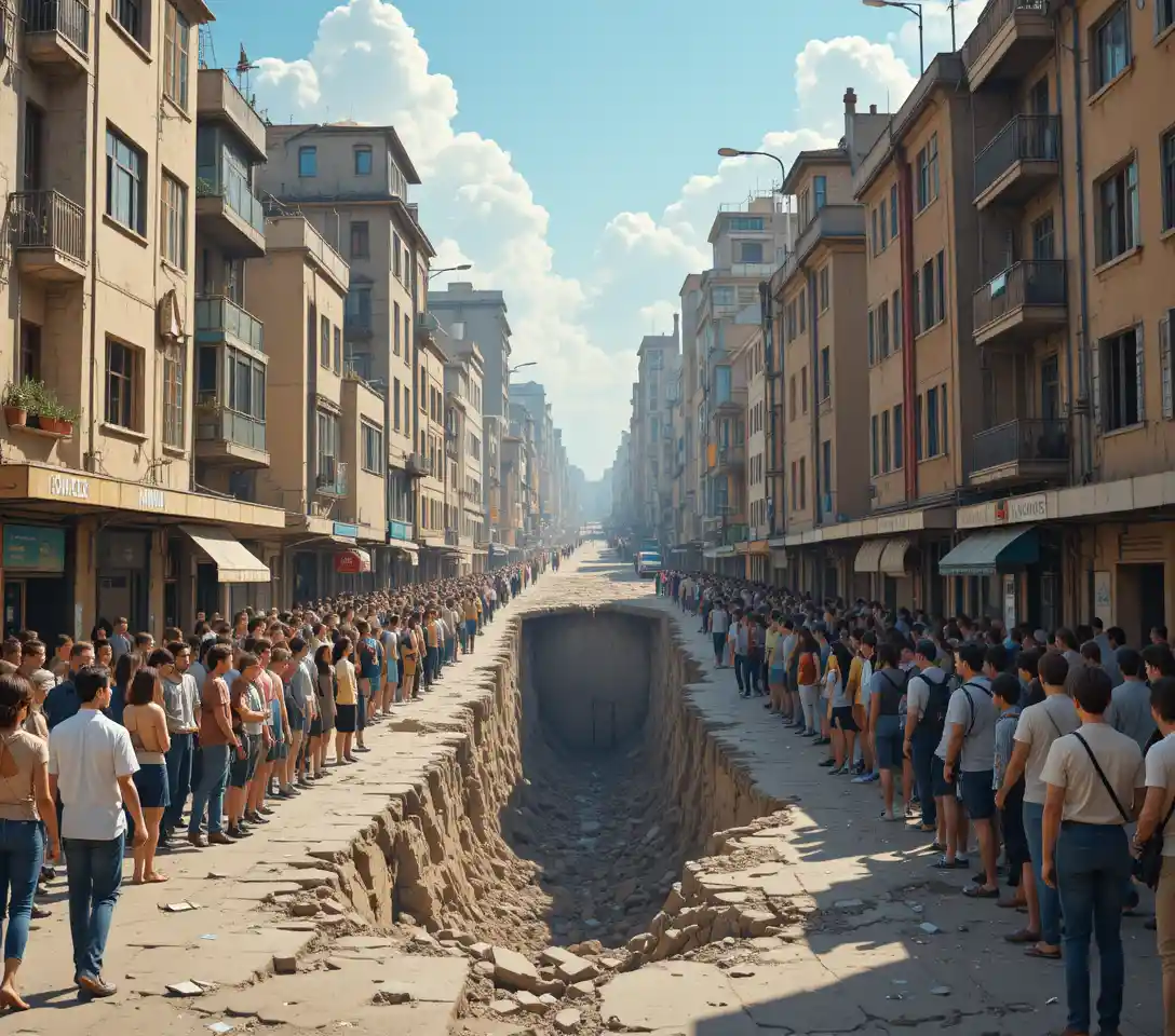 Crowd watching a massive earthquake fissure in city street