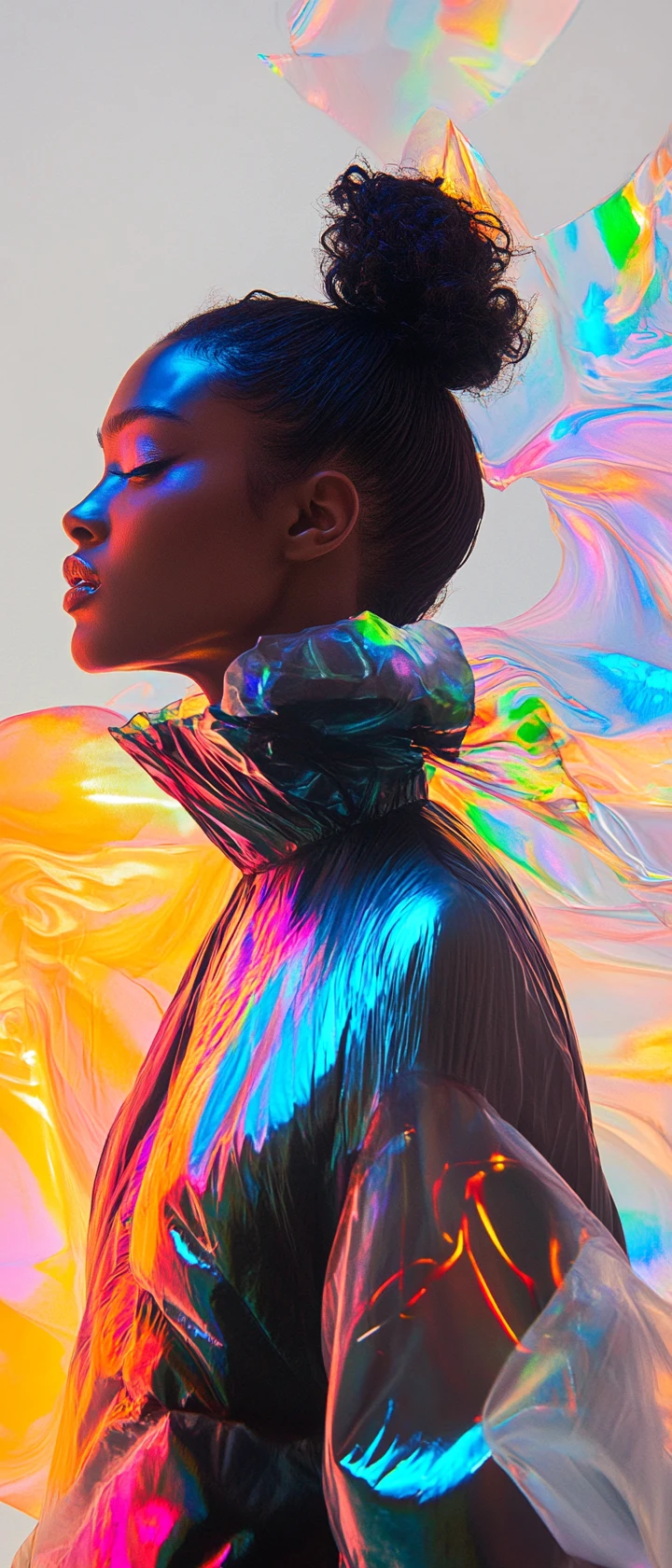 Woman in sculptural neon haute couture against white architecture