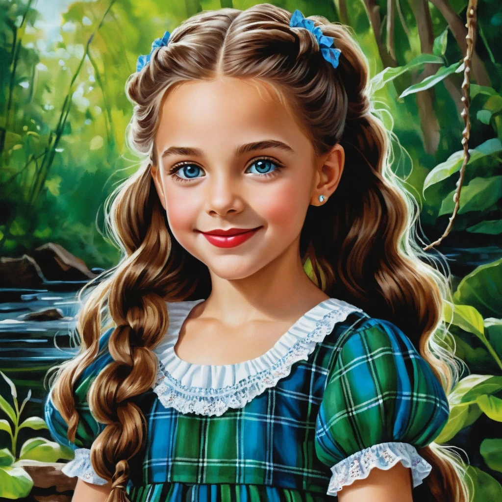 Menina de desenho sorridente com olhos azuis e cabelo castanho trançado