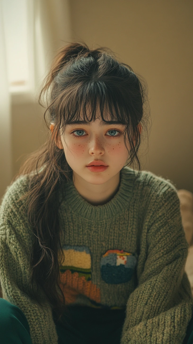 くつろぐアニメ少女とパッチ入りの cozy セーター（室内）