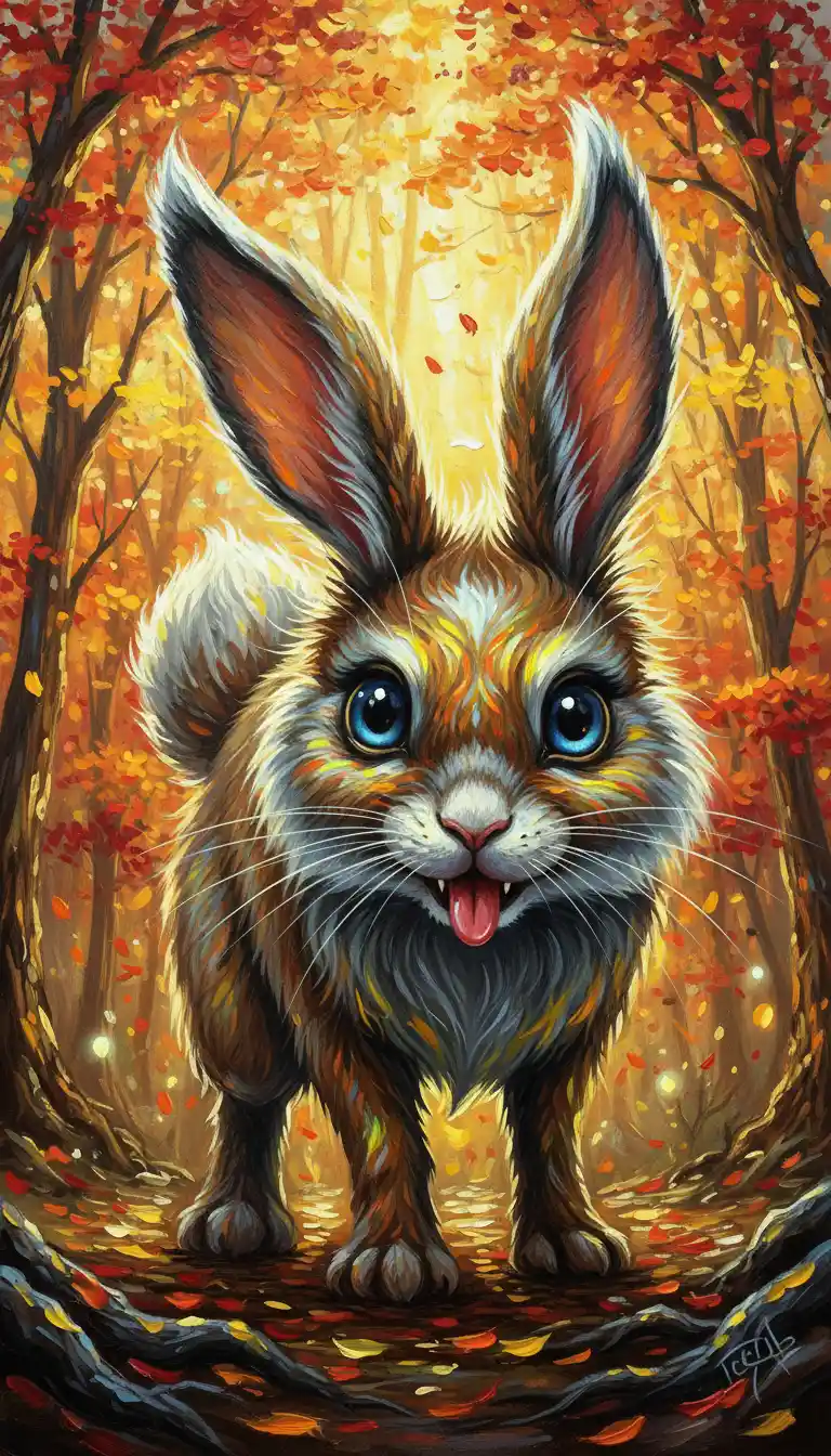 Playful devilish rabbit leaning forward in an autumn forest