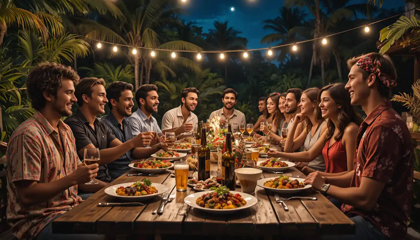 Friends and family sharing a joyful tropical outdoor dinner