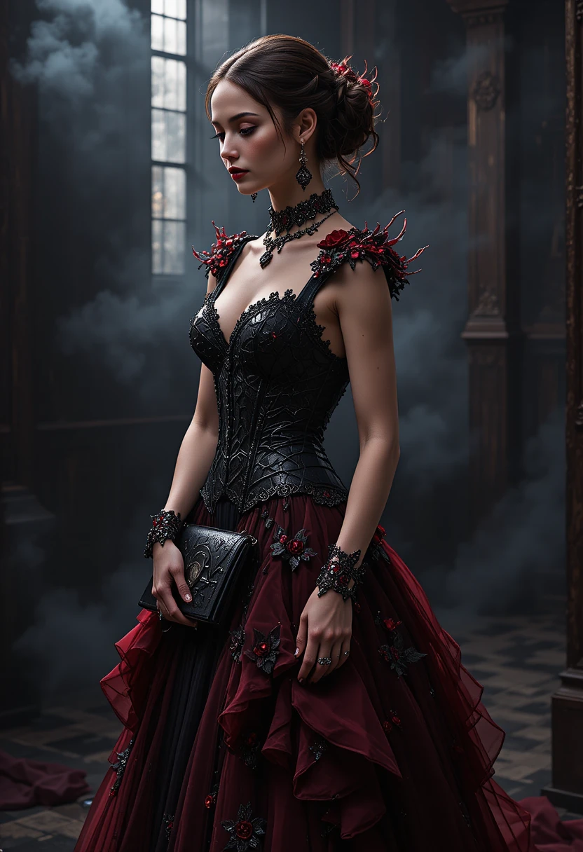 Ilustración de moda dark couture de mujer con vestido carmesí