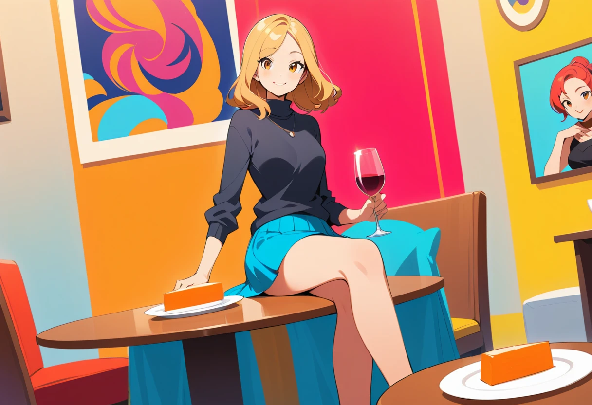 Smiling young woman dining at a warm wooden table