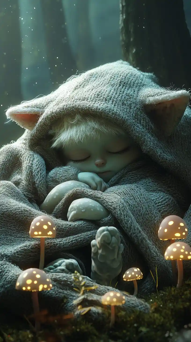 Piccolo ogro bambino che riposa sotto una coperta con funghi luminosi