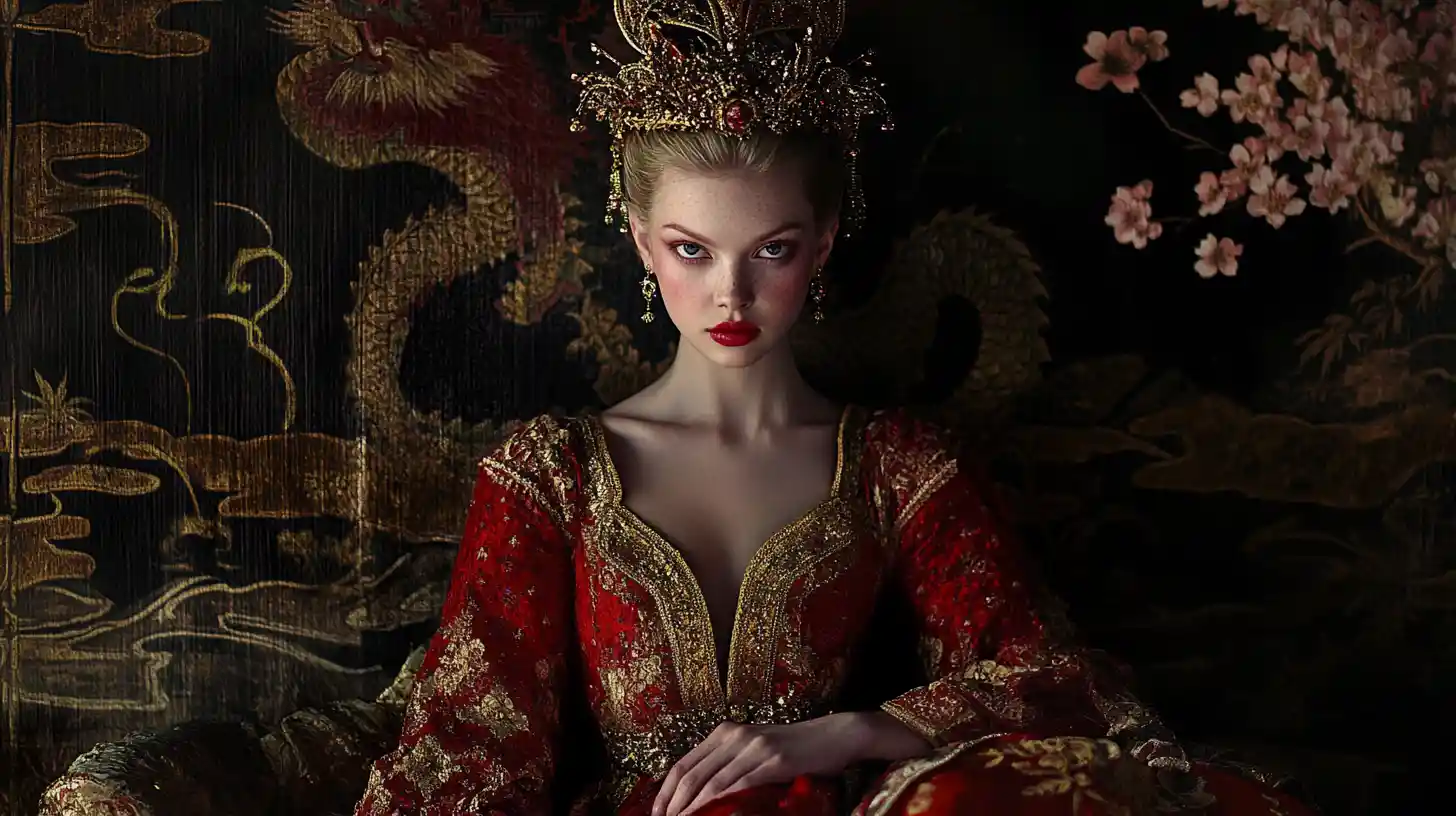 Elegante donna in abito reale rosso davanti a una parete ornata con drago