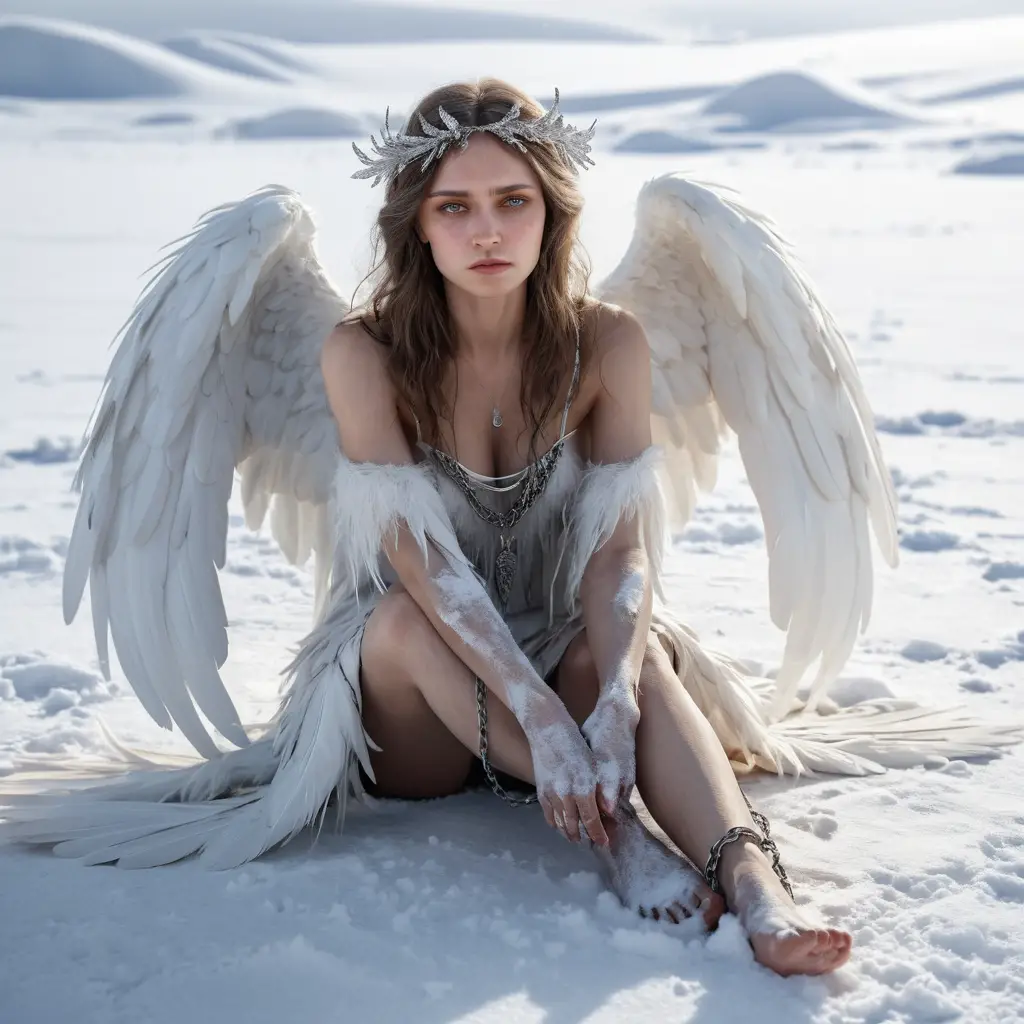 Donna angelo incatenata seduta a piedi nudi sulla neve