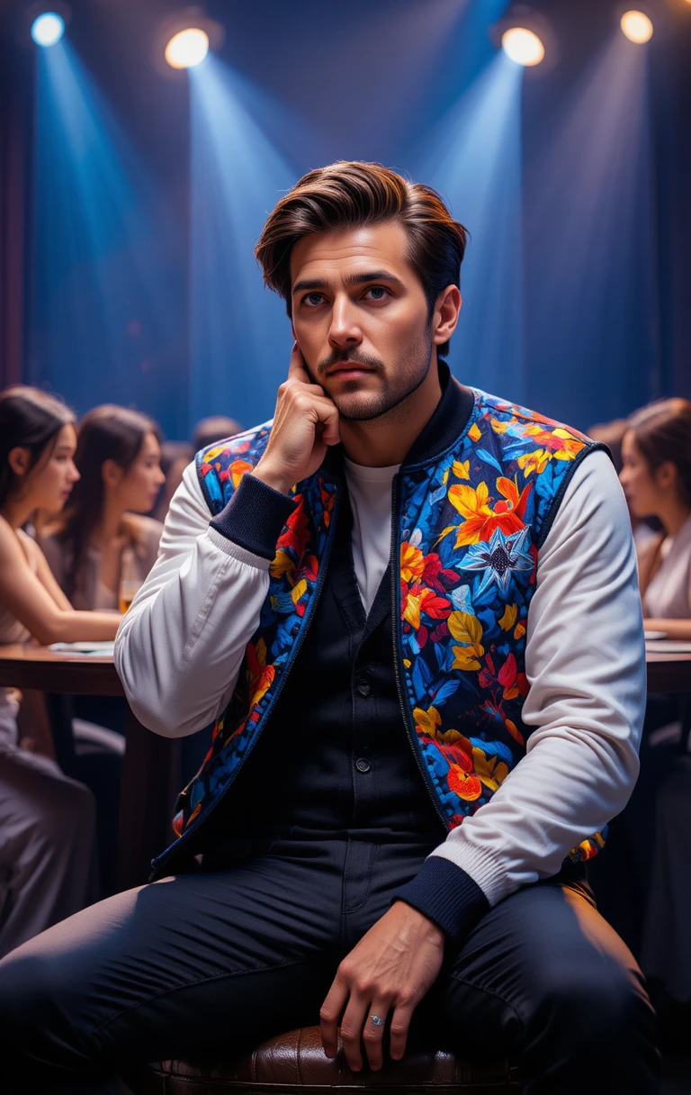 Nachdenklicher Mann in bunter Bomberjacke im Studio-Set