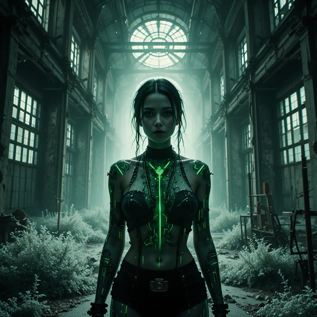 Donna noir tra rovine industriali con bagliore verde neon