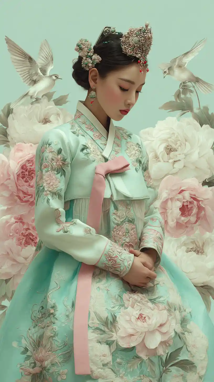 Young Korean woman in ornate pastel hanbok portrait