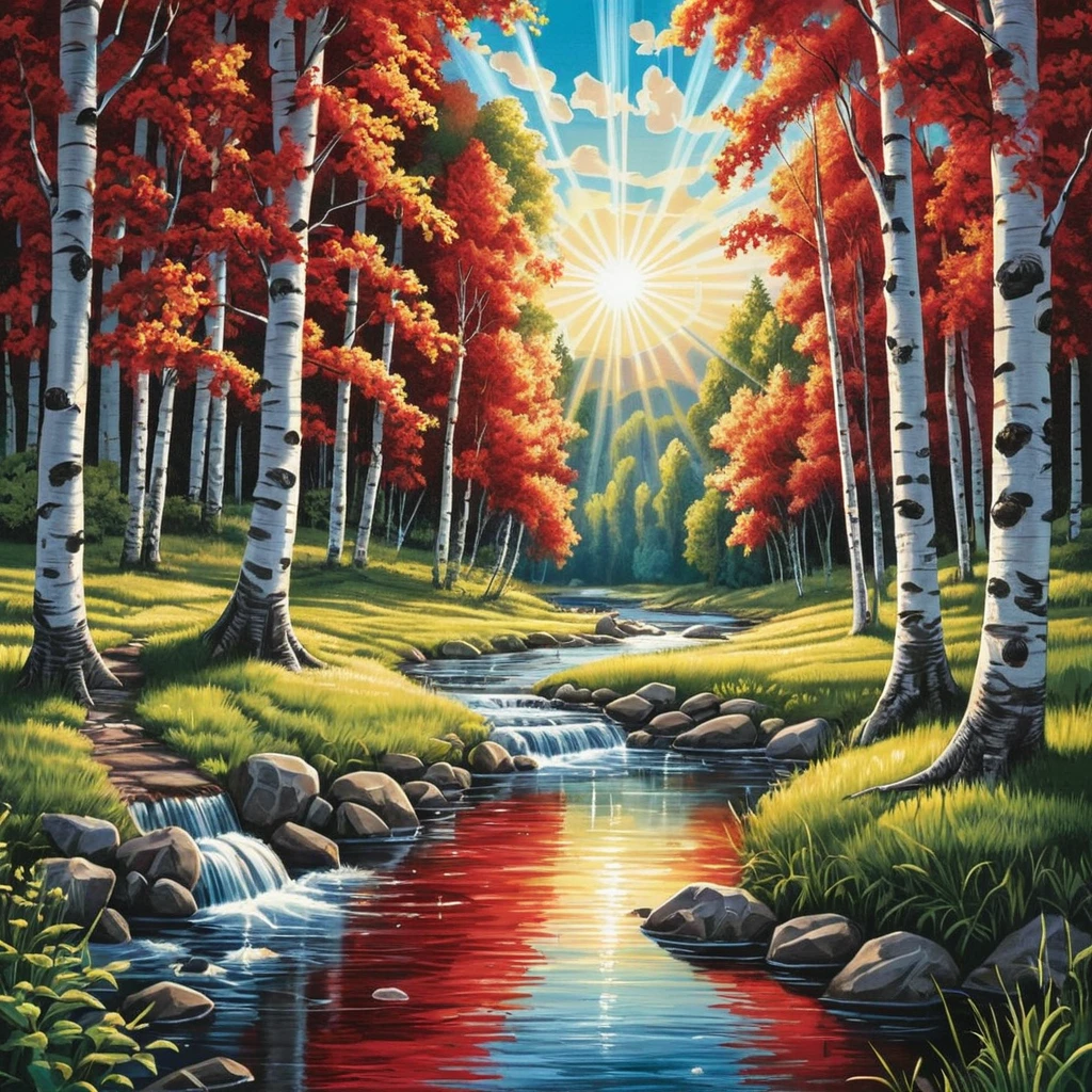 Summer river flowing through bright birch forest illustration