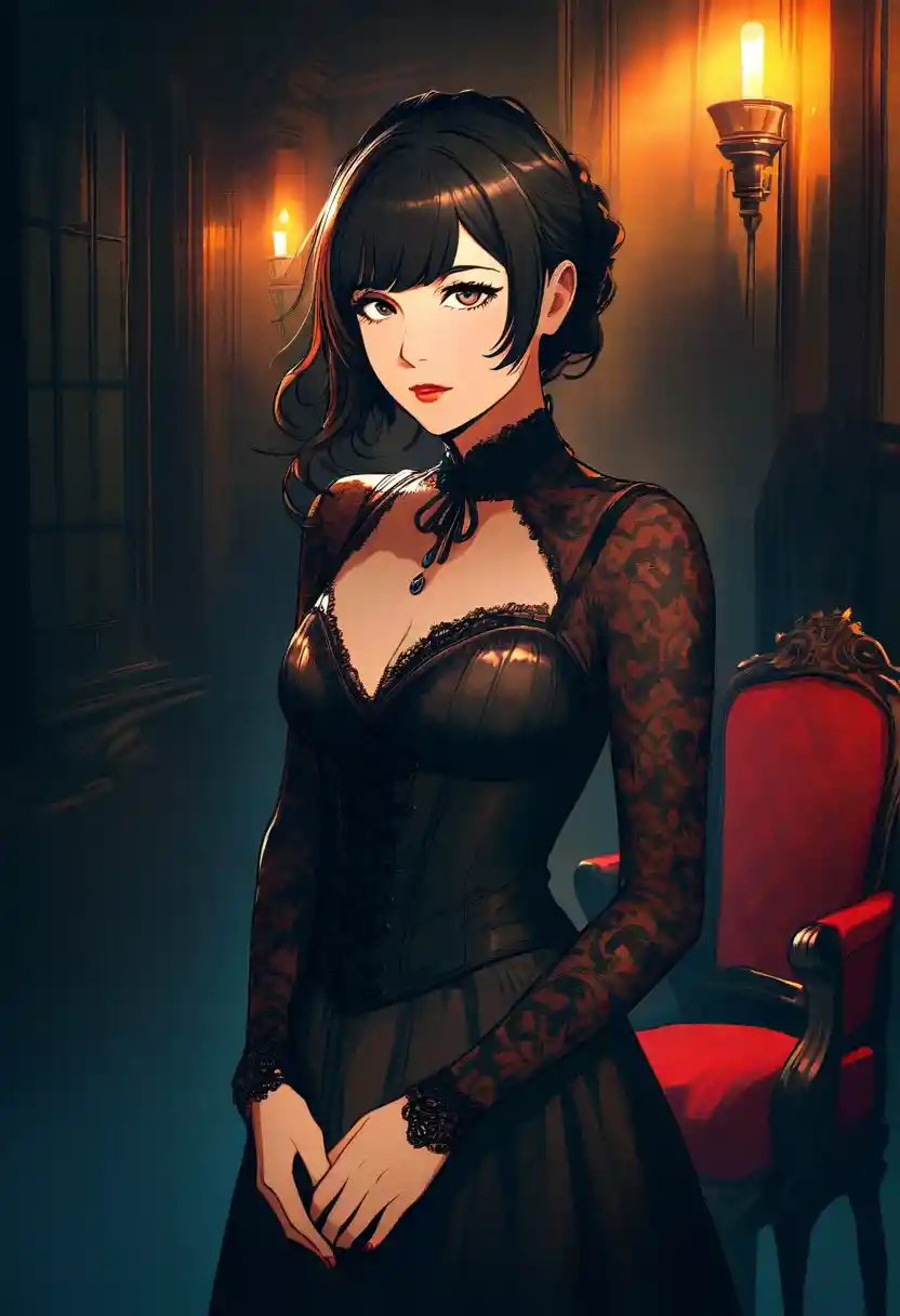 Elegante donna con corsetto nero in una stanza gotica dall’atmosfera cupa