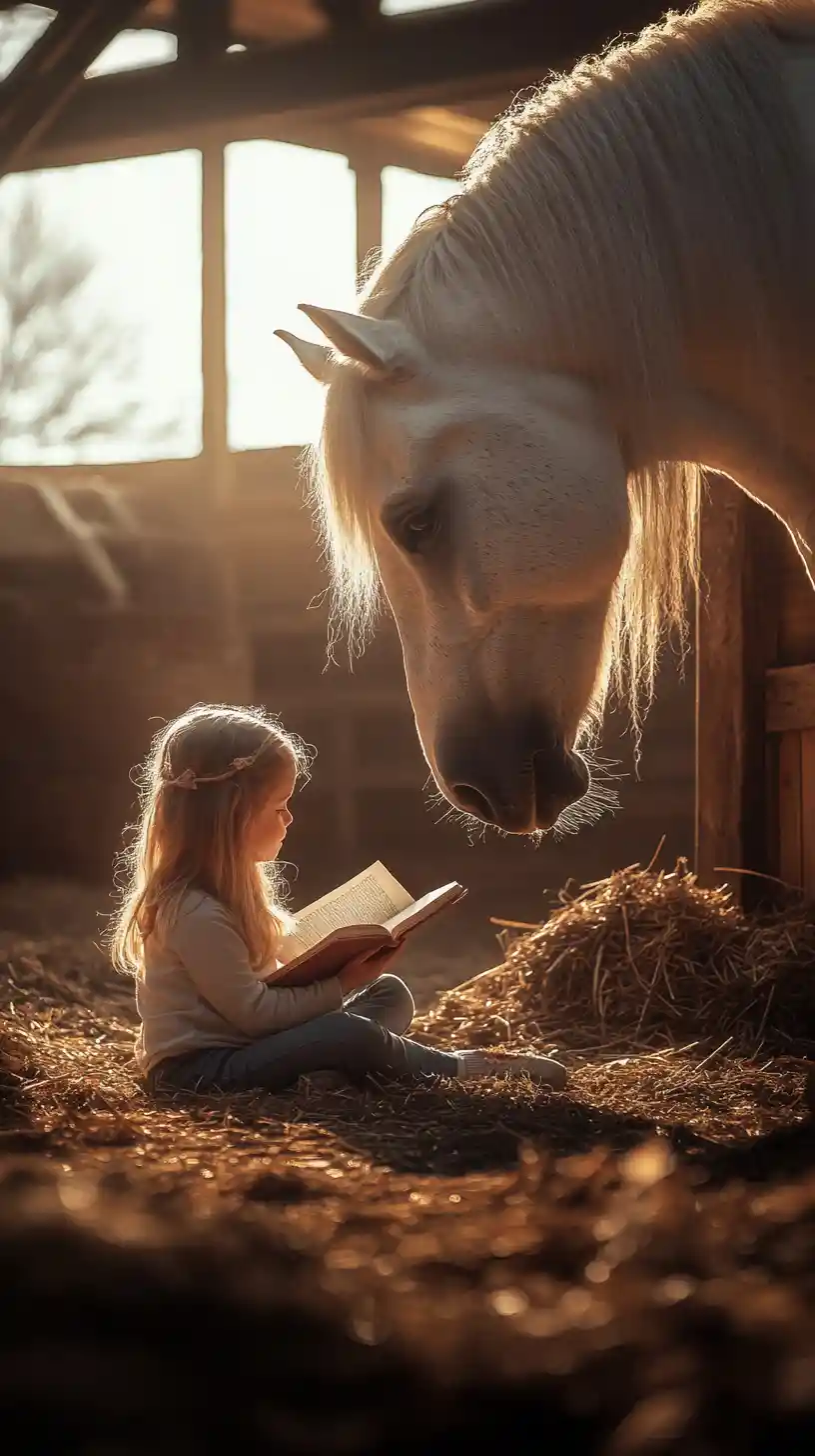 Young girl reading beside a gentle horse in a barn
