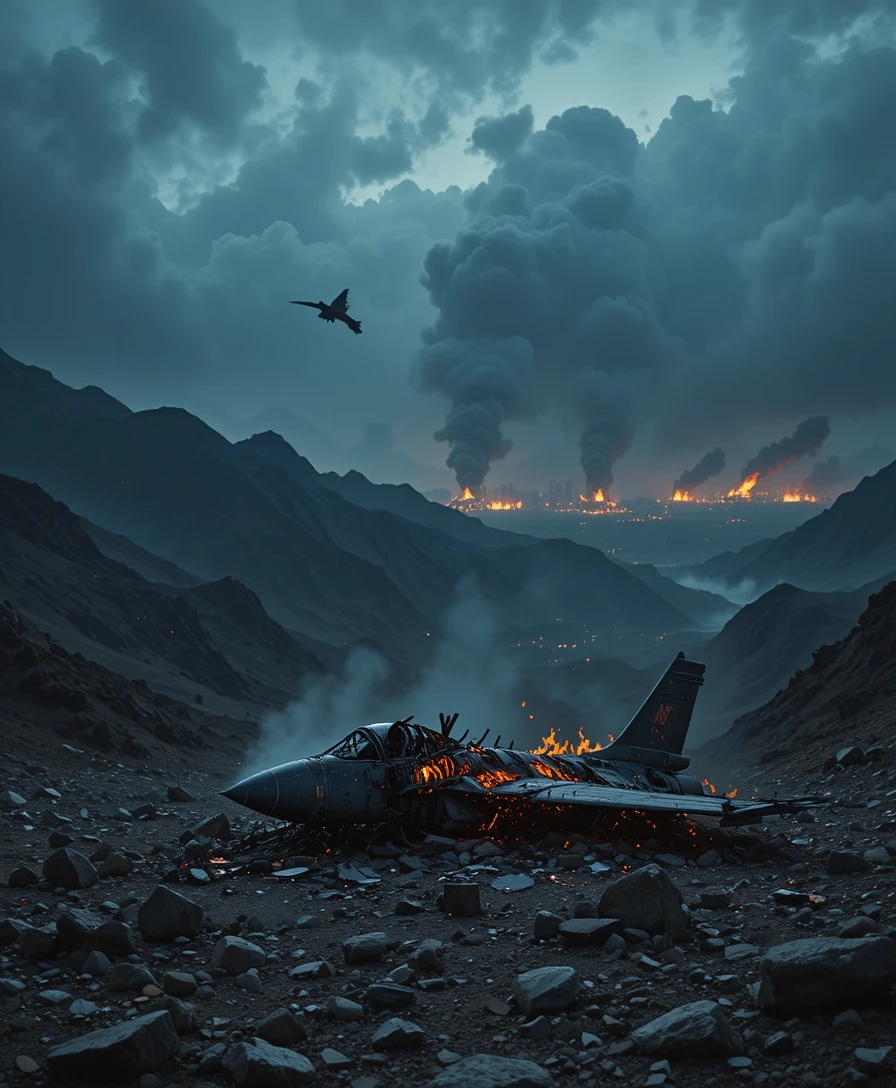 Rottami in fiamme di un jet da combattimento nelle montagne Zagros in Iran al crepuscolo