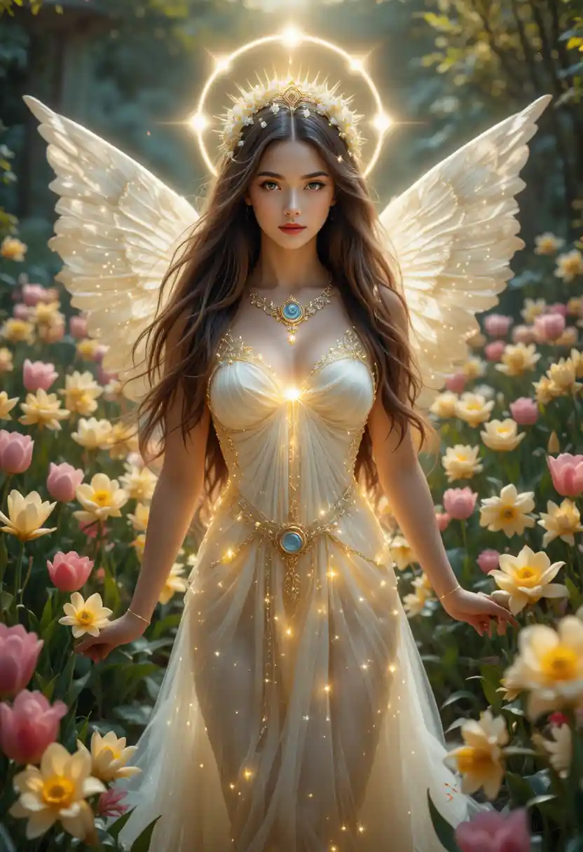Ethereal Easter goddess in a glowing spring garden