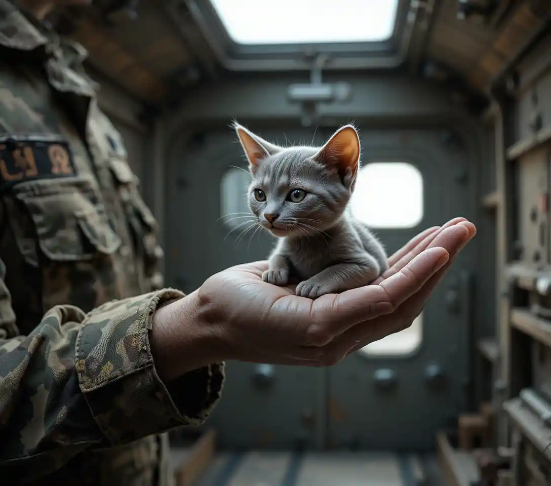 Sleeping gray kitten cradled in a soldiers rough hand