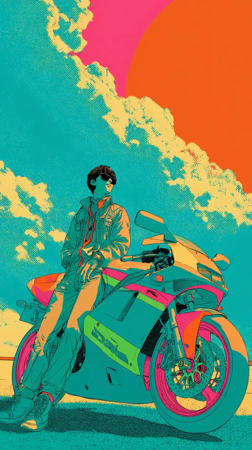 Anime boy in winter coat under a bold graphic sky