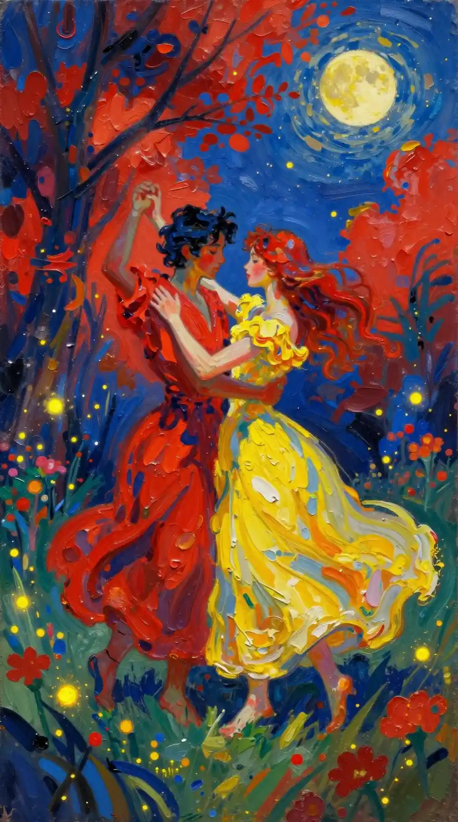Dancing couple in a vibrant flower meadow painting