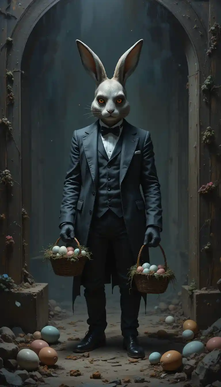 Dark fantasy rabbit in suit holding an easter egg basket