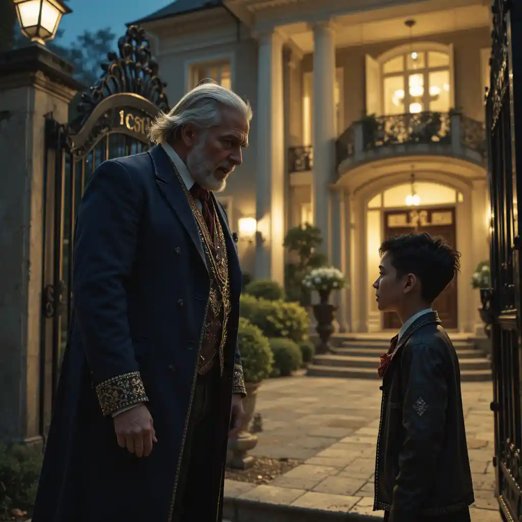 Rich man confronting poor boy at a luxury house gate