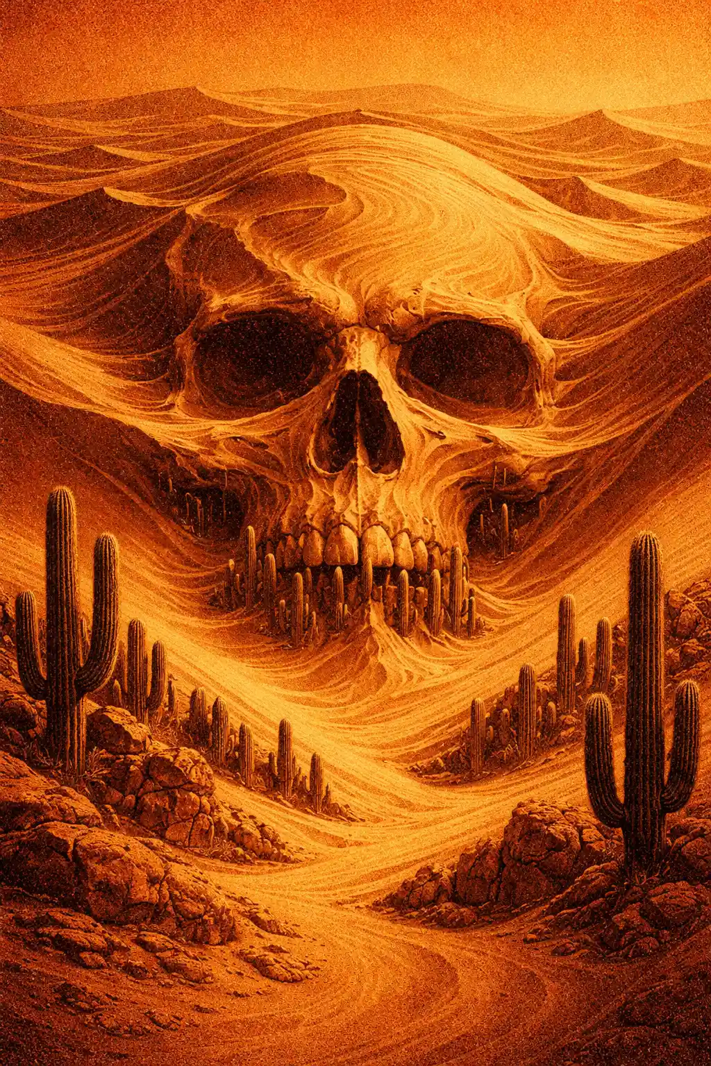 Dune di sabbia surreali che formano un’illusione a forma di teschio in caldi toni desertici