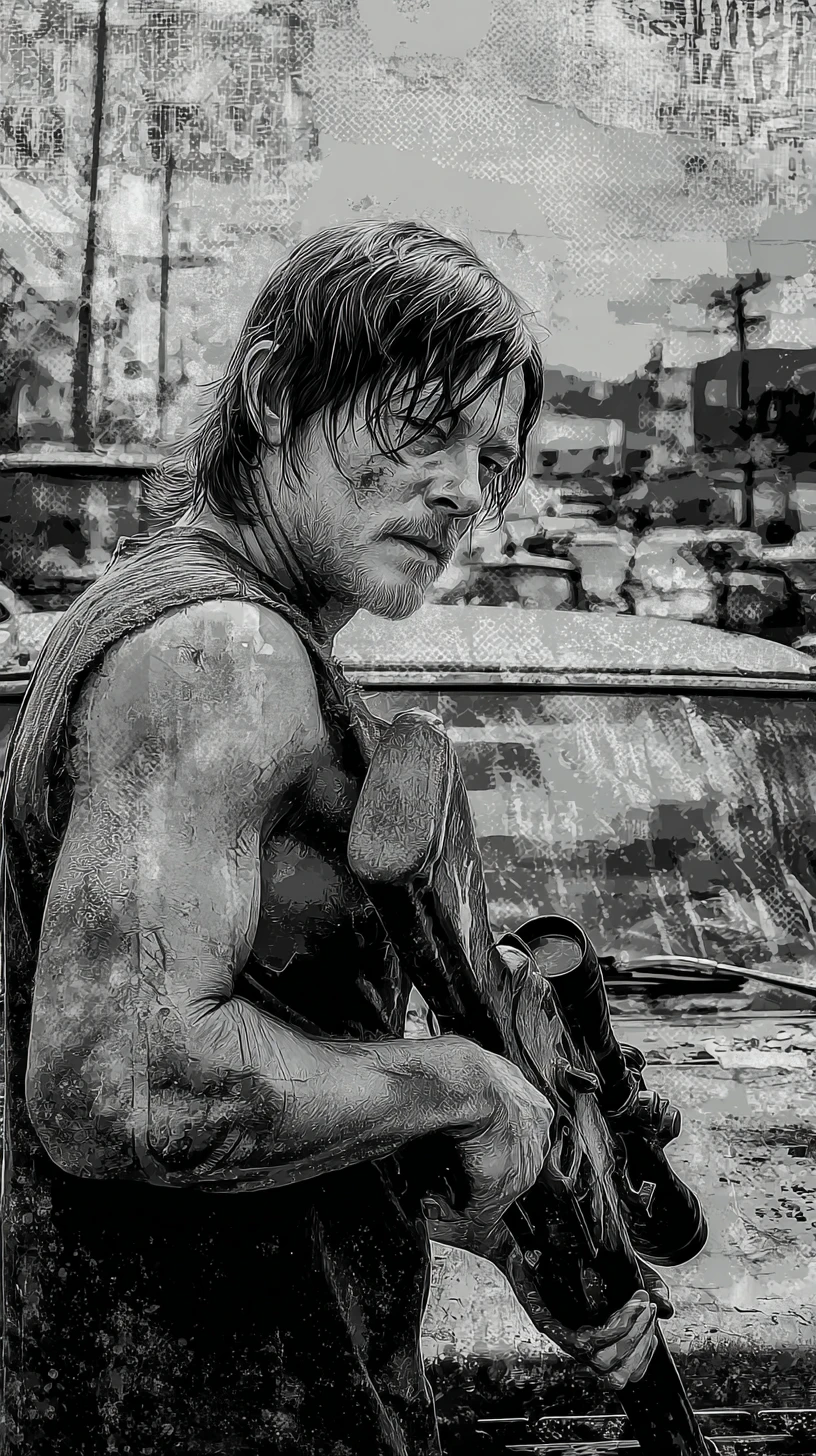 Close up of a crossbow fighter in ruined city streets