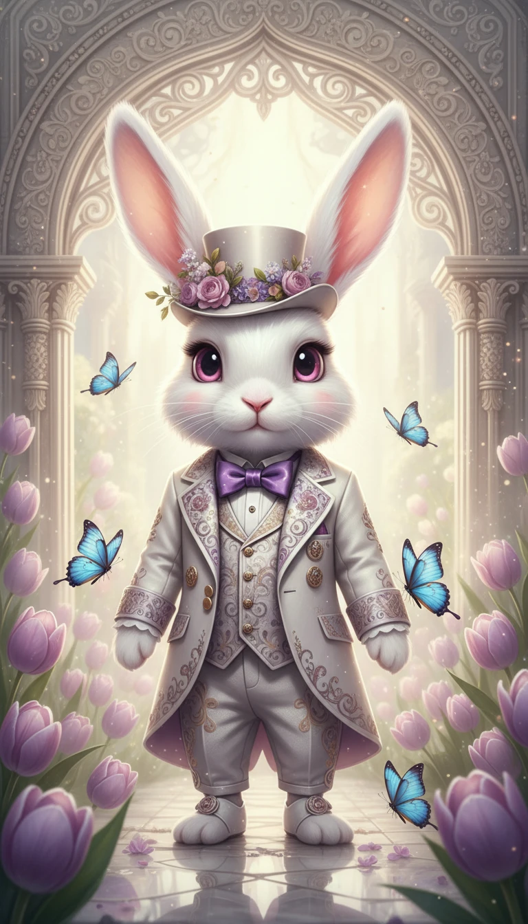 Regal white rabbit in ornate suit under stone archway