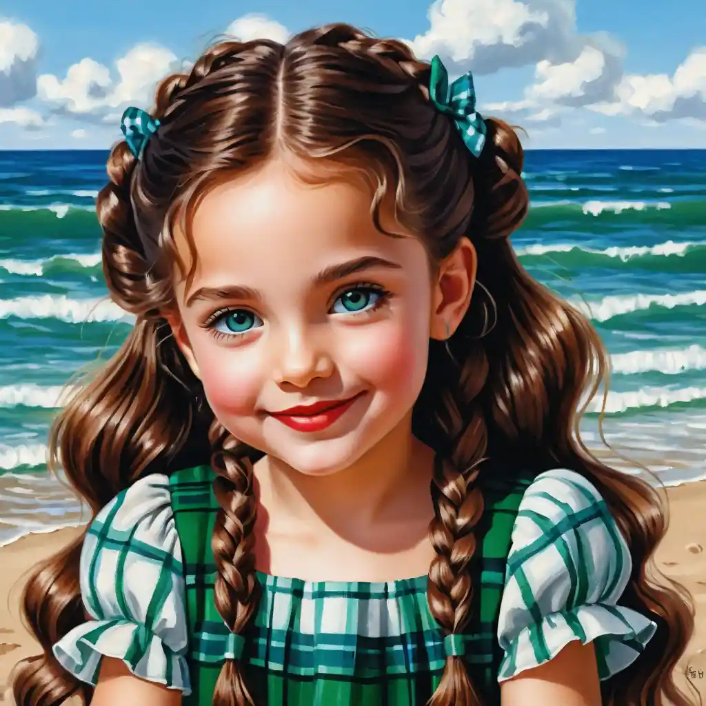 Menina sorridente de verão com trança e vestido xadrez verde