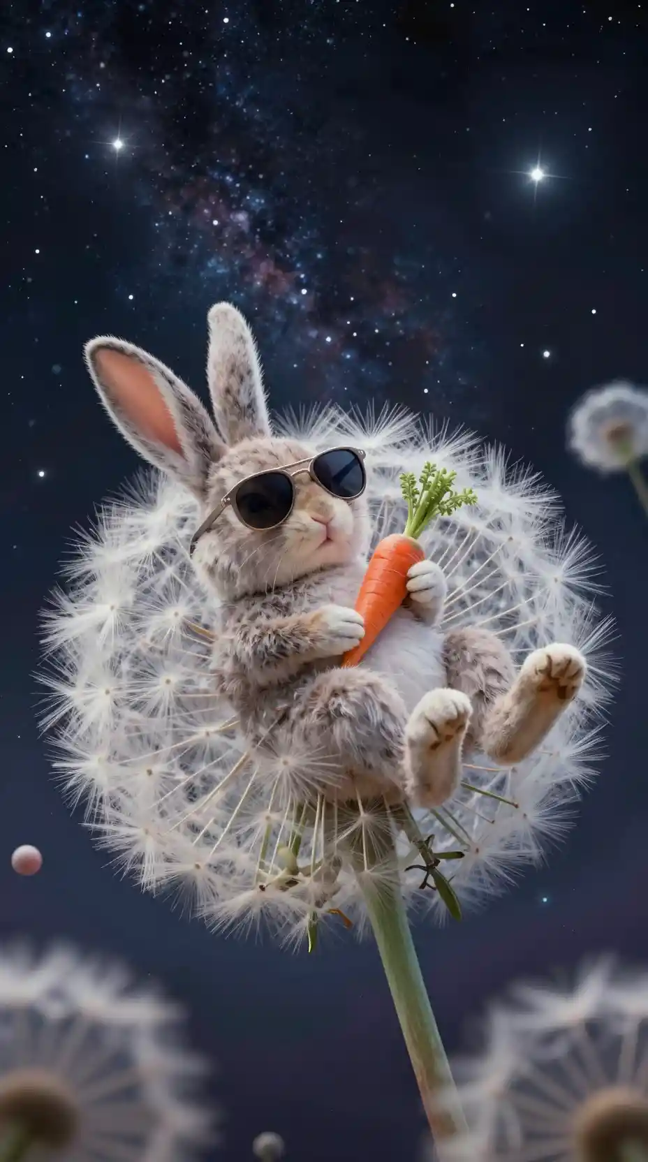 Osterhase ruht auf Löwenzahn in kosmischer Nacht