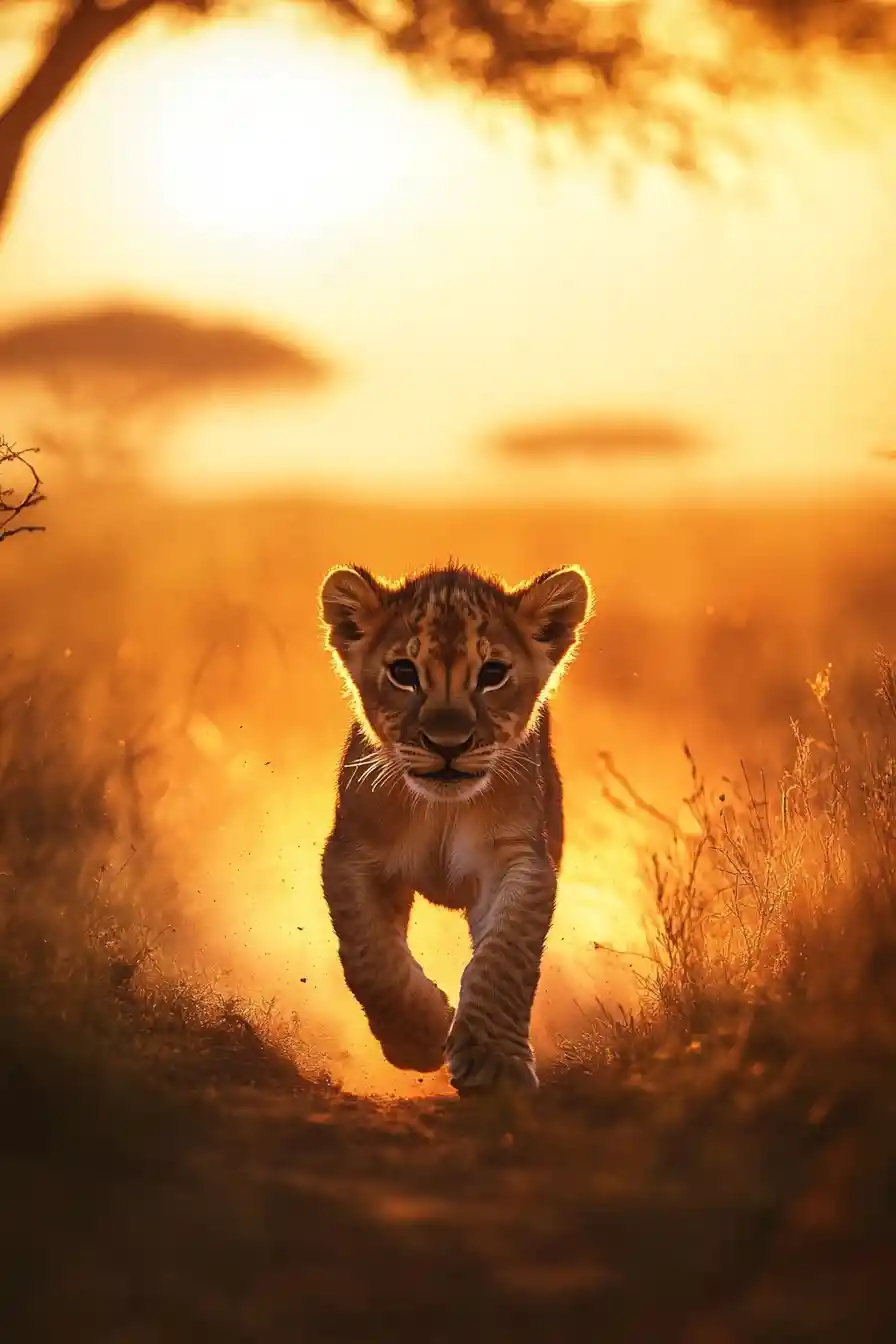 Young lion walking across golden savanna at sunrise
