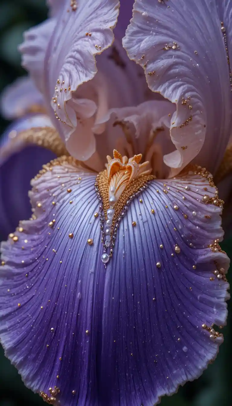 Singolo petalo di iris in primo piano con delicato ricamo a catena