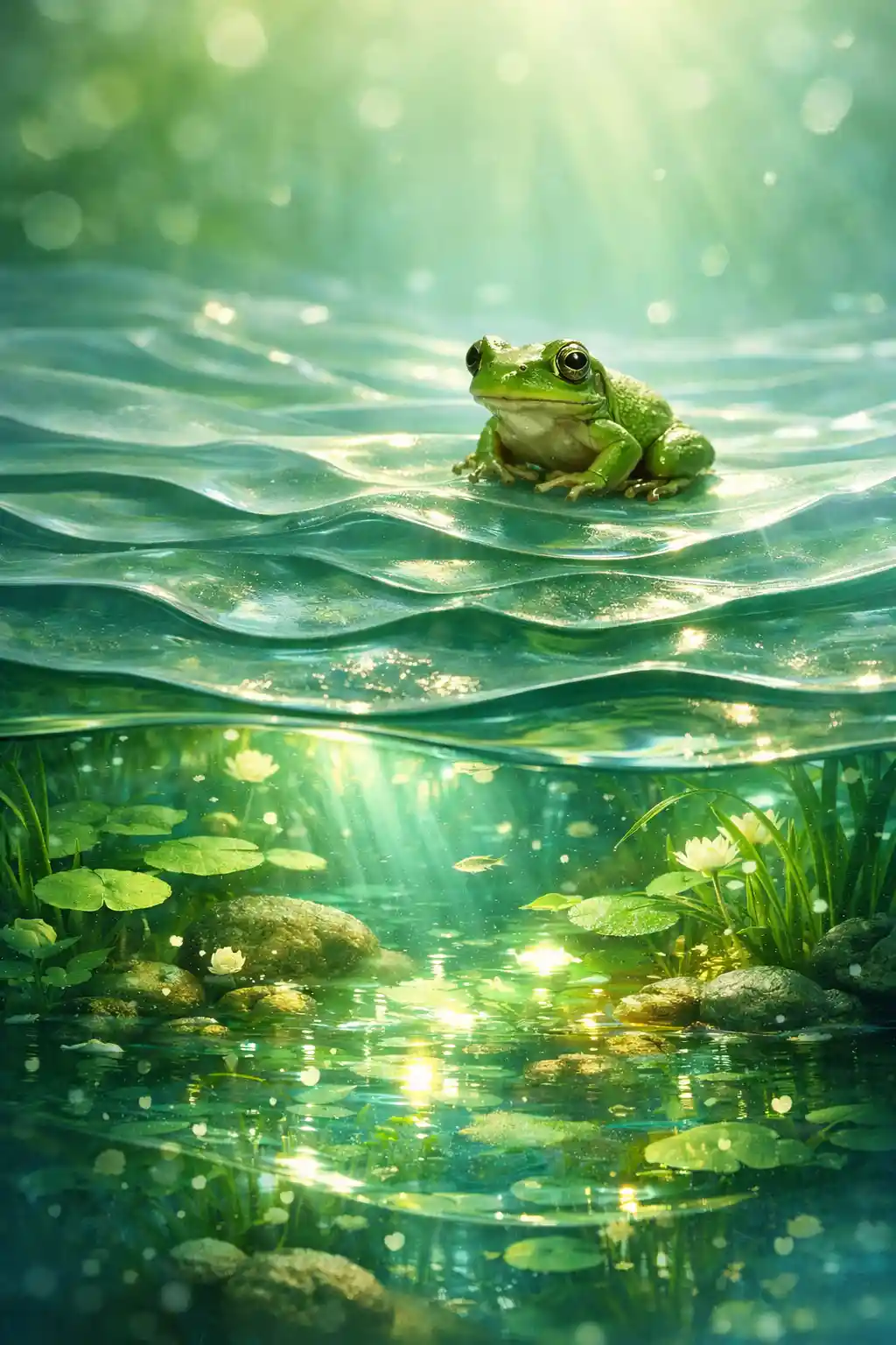 Small frog above glowing layered pond ecosystem