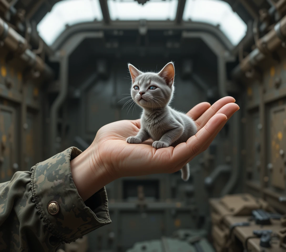 Filhote de gato cinza dormindo nas mãos de um soldado em close-up
