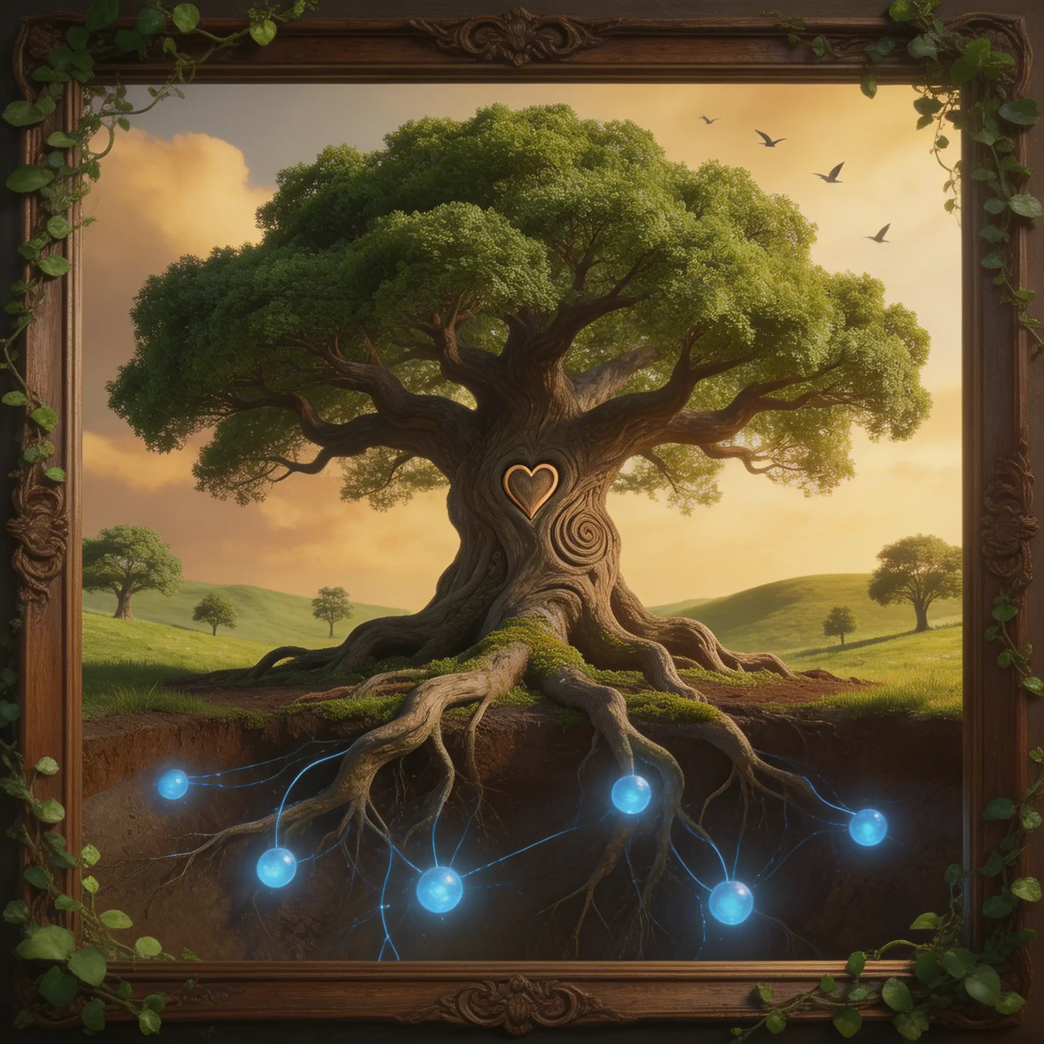 Ancient tree with glowing roots in a serene landscape