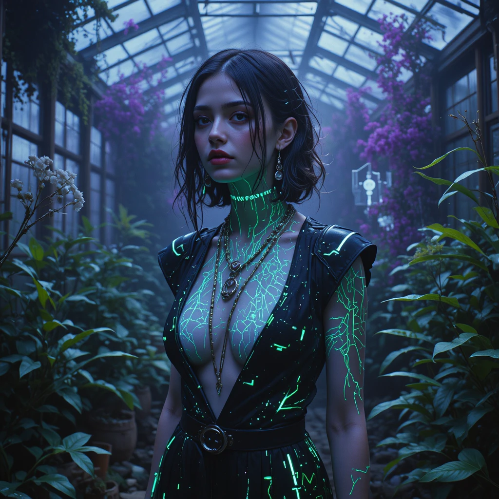 Neon lit femme fatale in a decaying biotech greenhouse