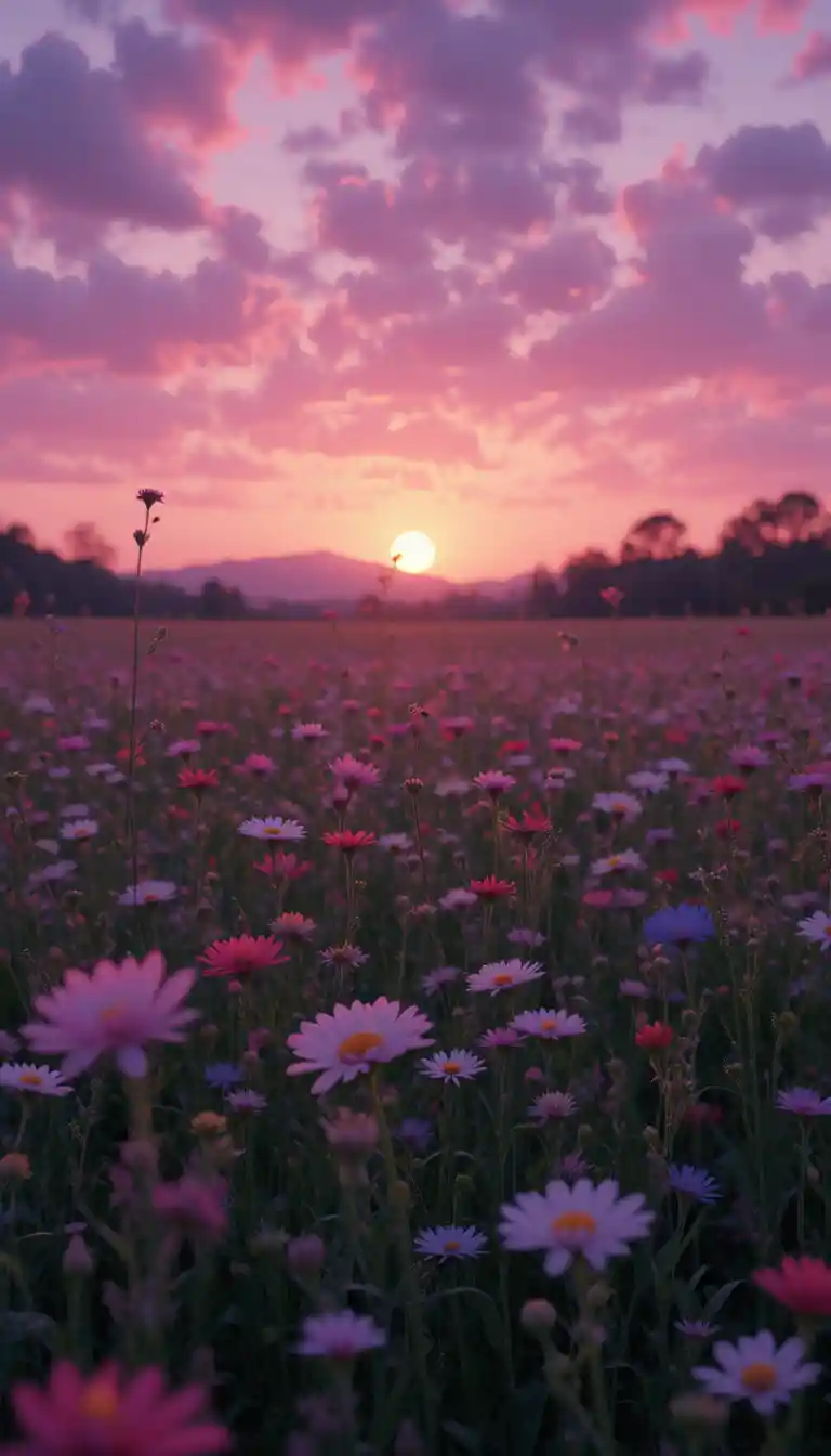 Dreamy wildflower field under a pink purple sunset sky