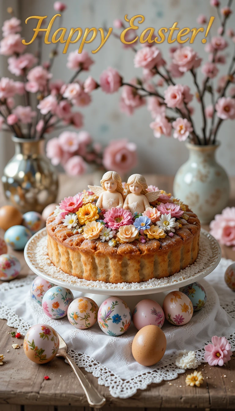 Festlicher Osterkuchen auf Spitzenserviette mit Blumen