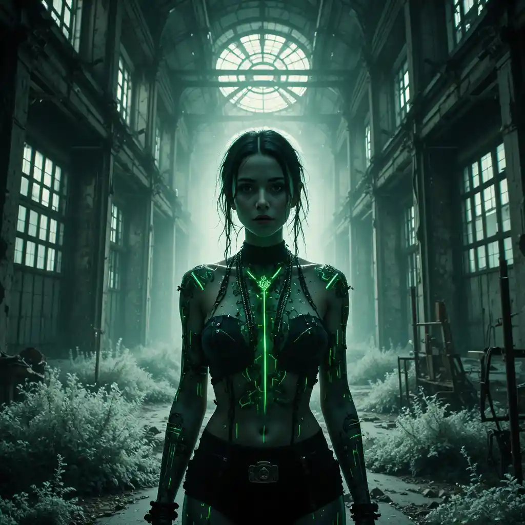 Noir woman in industrial ruins with neon green glow