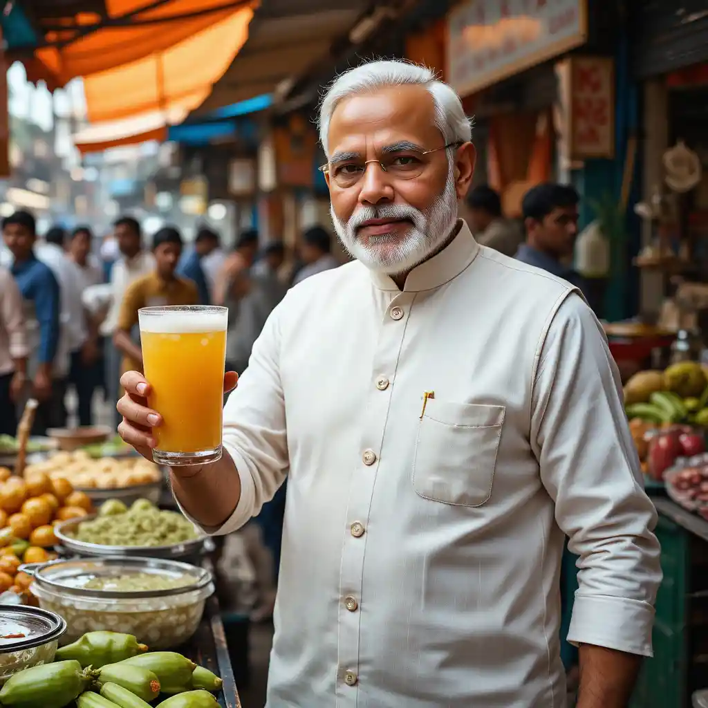 Uomo che serve succo di canna da zucchero in un affollato mercato di strada a Mumbai