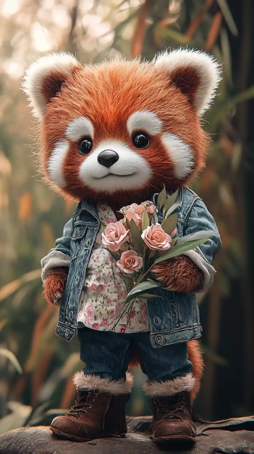 Pupazzo di panda rosso in stile vintage che tiene fiori tra il bambù