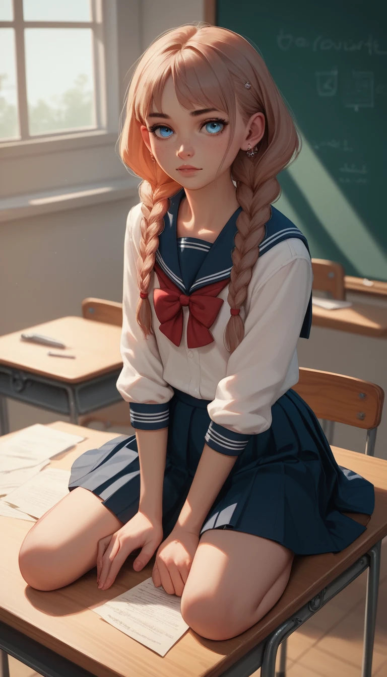 Petite schoolgirl sitting confidently on a wooden classroom desk