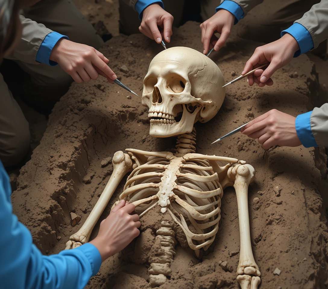 考古學家刷去古代人類骸骨上的土壤